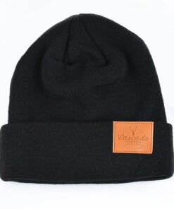 Jacquard Woven Label Pom Beanie Hat