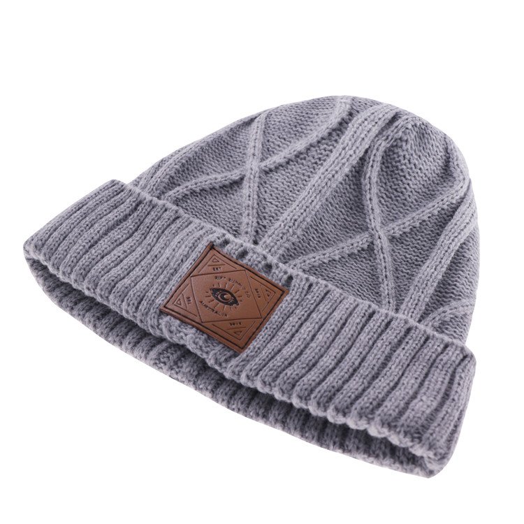 Top Level Gorros Winter Gray Beanie With Leather Patch - Image 2