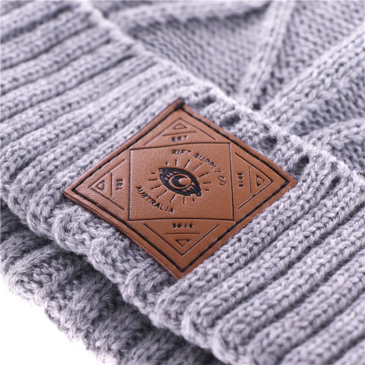 Top Level Gorros Winter Gray Beanie With Leather Patch - Image 5