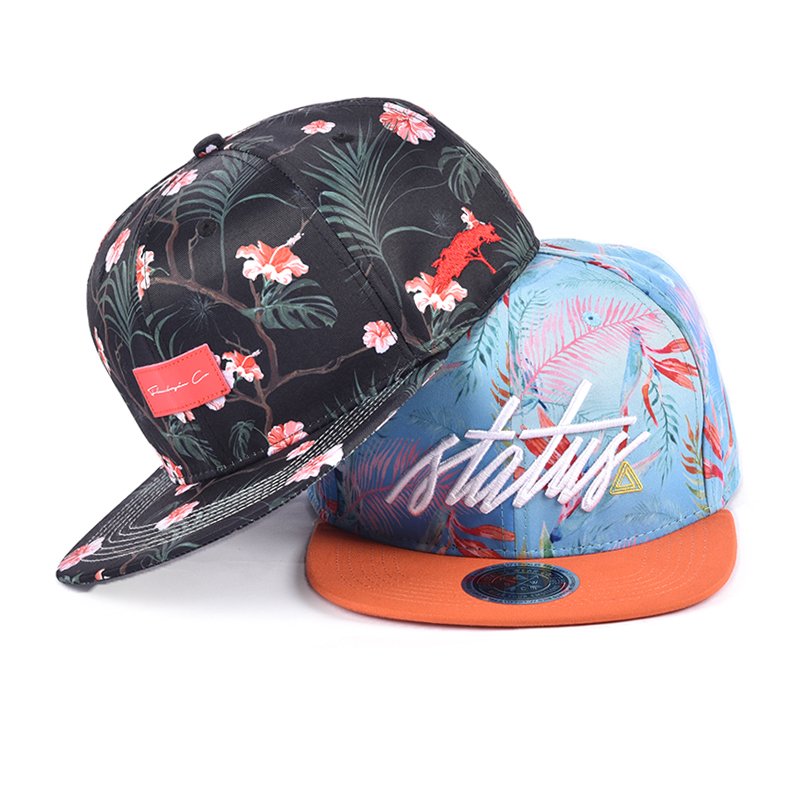 Premium Hawaiian Flower Print Polyester Flat Bill Adjustable Snapback Cap - Afbeelding 3