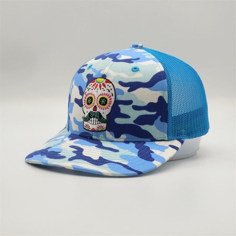 Custom Six Panel Embroidery Blue Camo Trucker Hat Wholesale