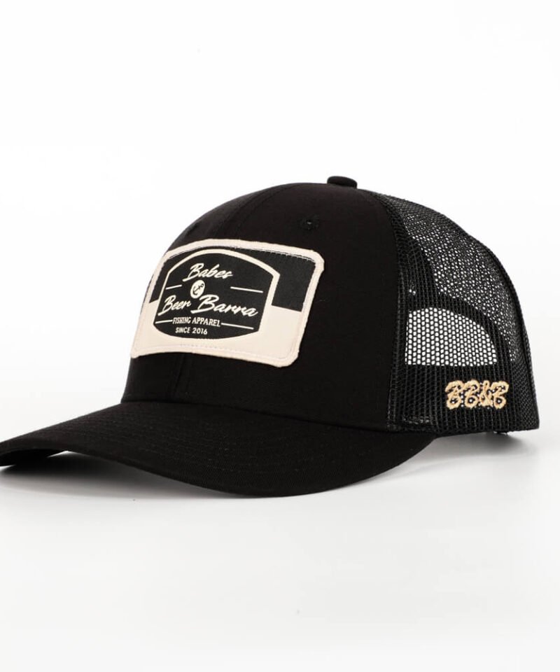 Cappello trucker nero con patch intrecciata a sei pannelli personalizzato all'ingrosso