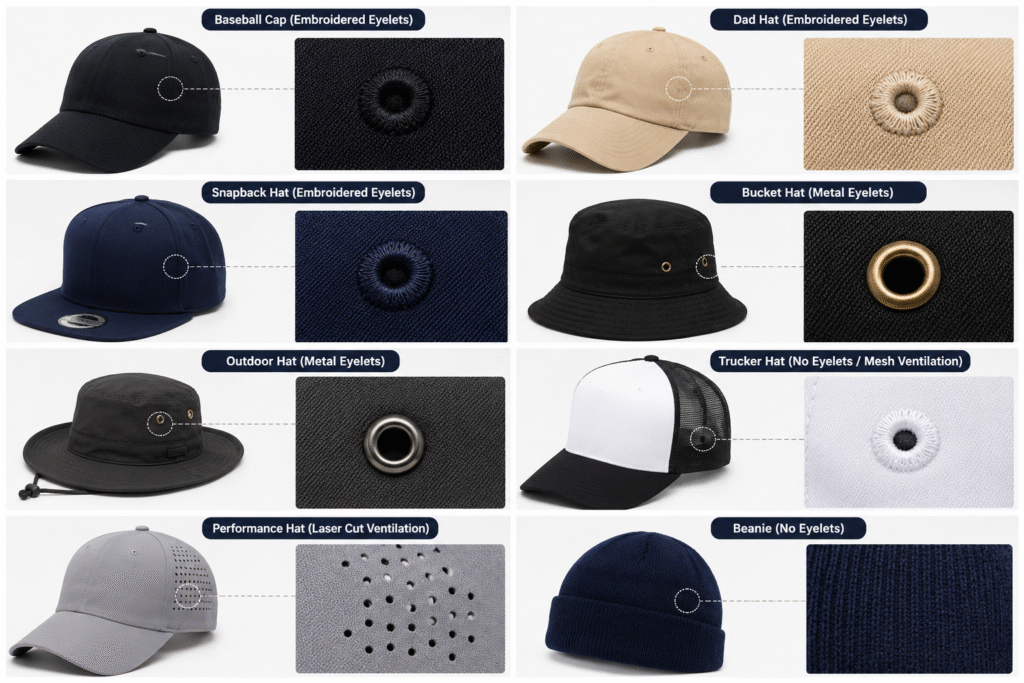 Eyelets on different styles of hats