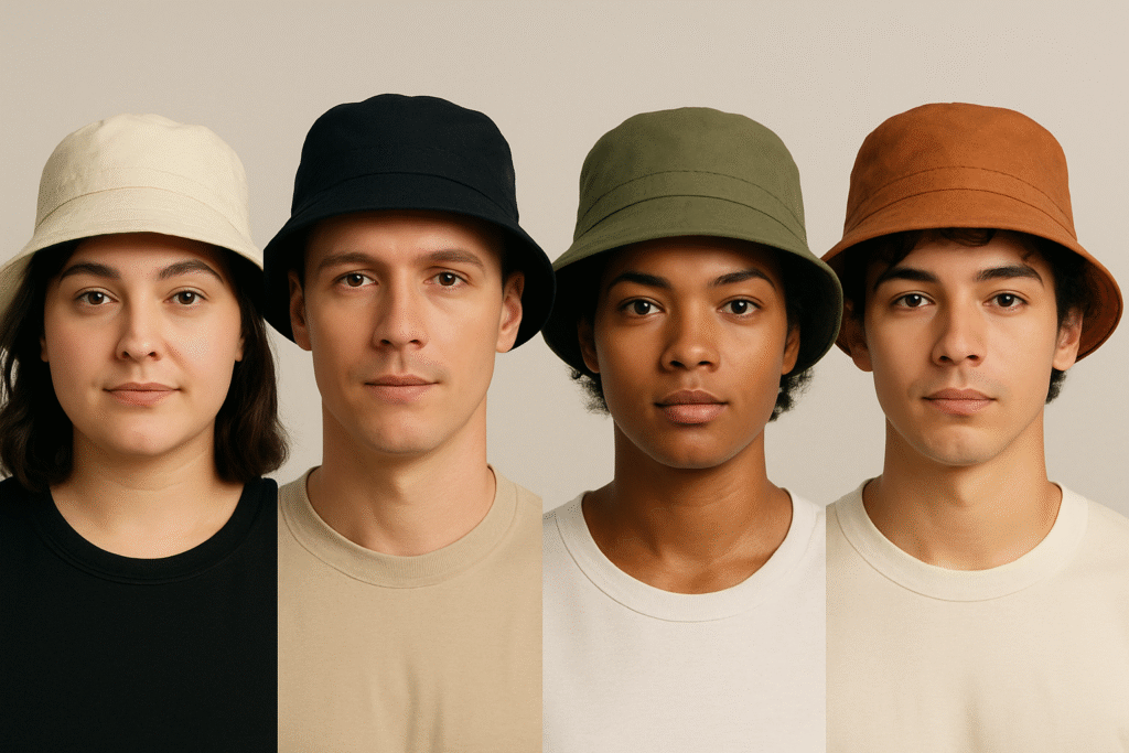 different faces with fisherman's hat