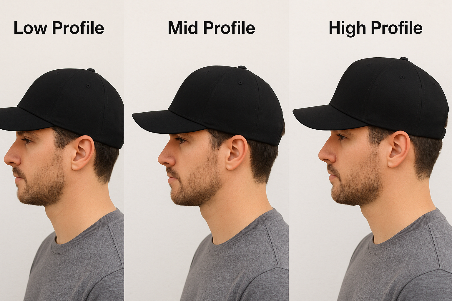 Side view of the difference between Low Profile, Mid Profile, and High Profile Hats