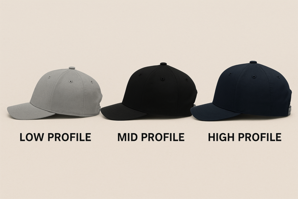 Side view of the difference between Low Profile Mid Profile and High Profile Hats