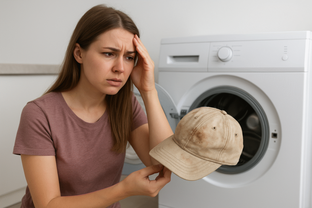 A girl is holding a dirty hat and is about to put it into the washing machine. She is worried about whether to put it into the washing machine.