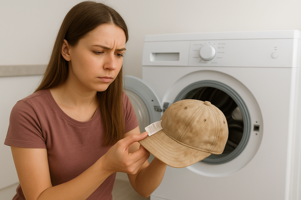 A girl is holding a dirty hat to check the label to see if it can be put into the washing machine