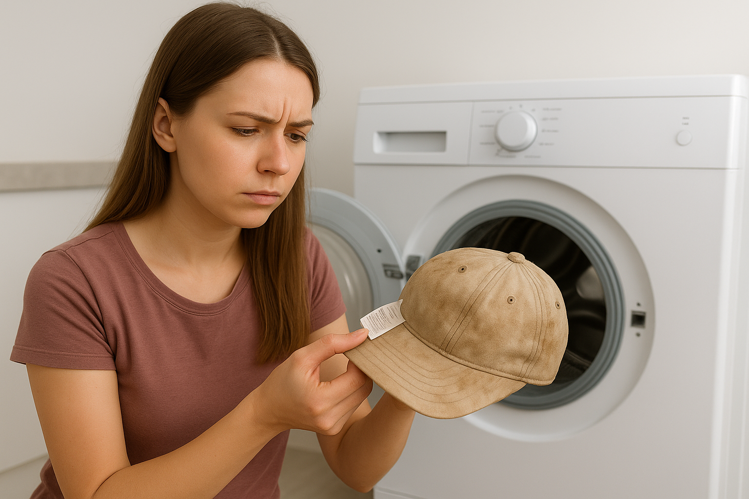 En flicka håller i en smutsig hatt för att kontrollera etiketten för att se om den kan läggas i tvättmaskinen
