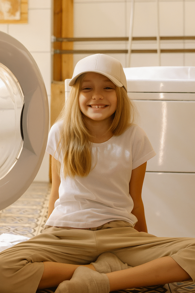 The hat washed by the washing machine is very clean, which makes the little girl very happy