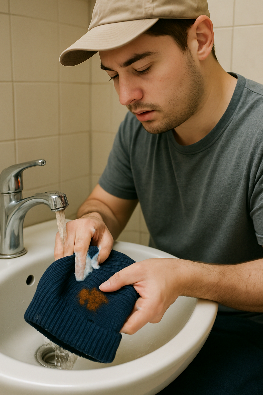 A boy is cleaning a partially dirty Beanie hat