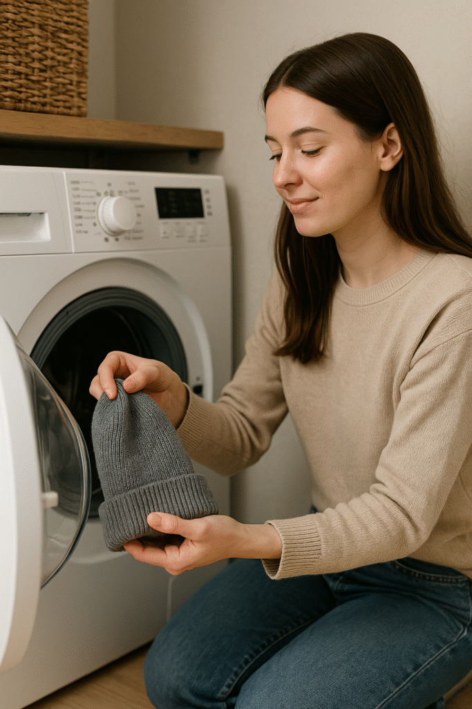 A girl is washing Beanie hat in the washing machine