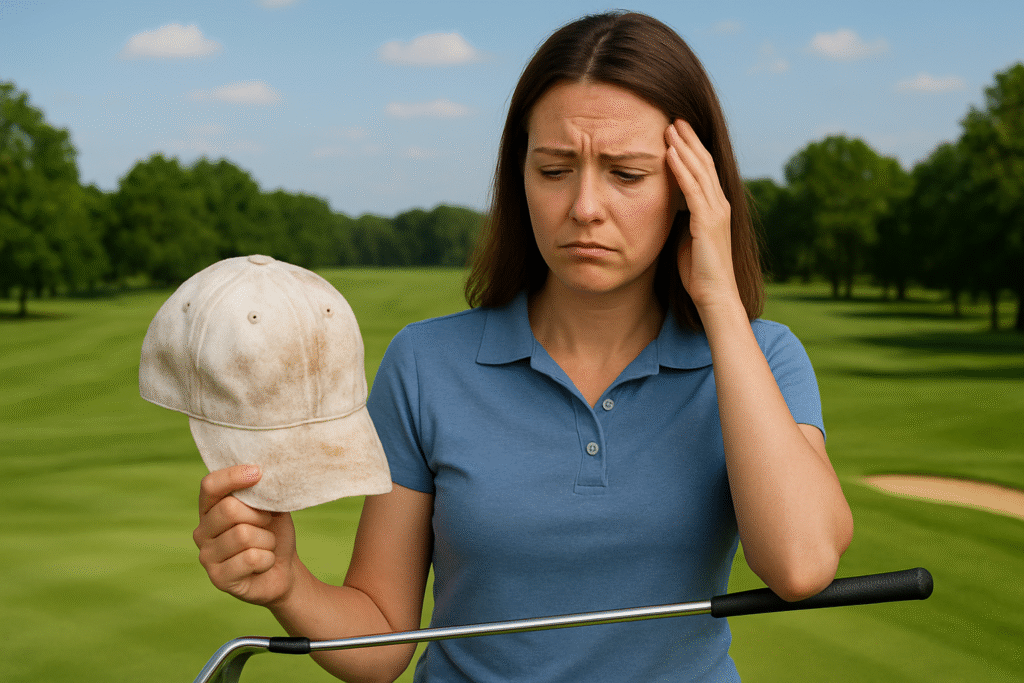 A girl is worried about holding a dirty golf cap