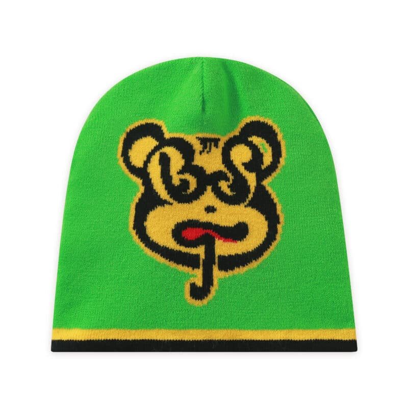 green plain weave skull beanie hat