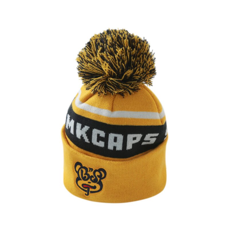 100% Acrylic Yellow Pom Beanie Hat