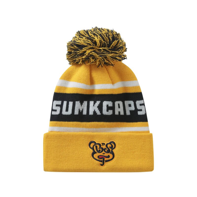 100% Acrylic Yellow Pom Beanie Hat