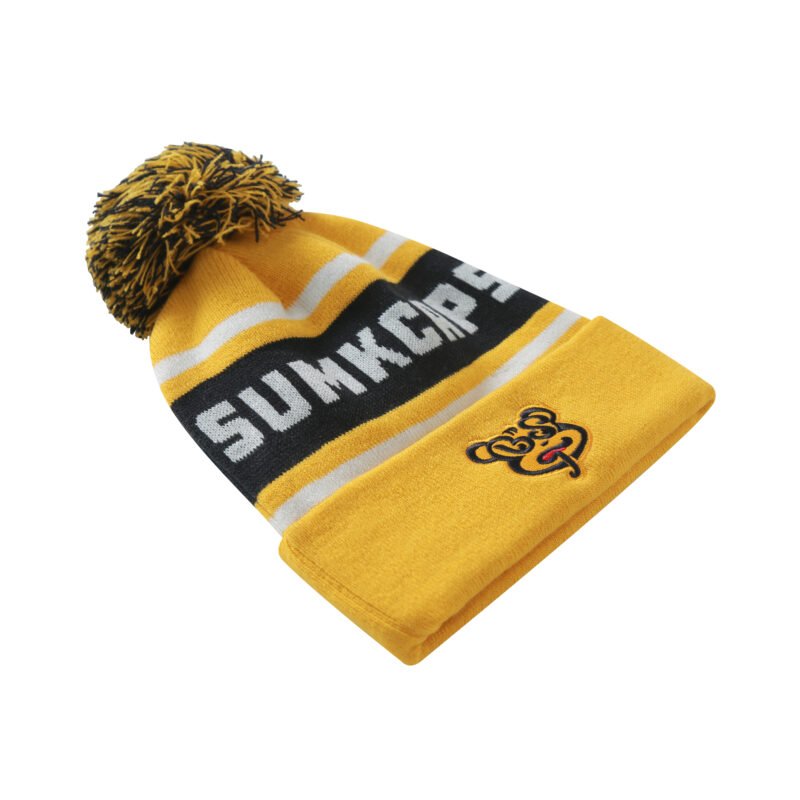 100% Acrylic Yellow Pom Beanie Hat