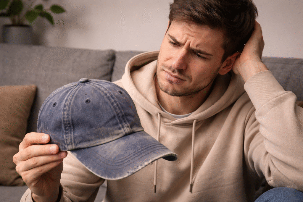 A young man looks distressed, holding his beloved—yet faded—baseball cap.