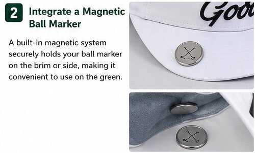 Cappelli da golf con sistemi magnetici di marcatura delle palline