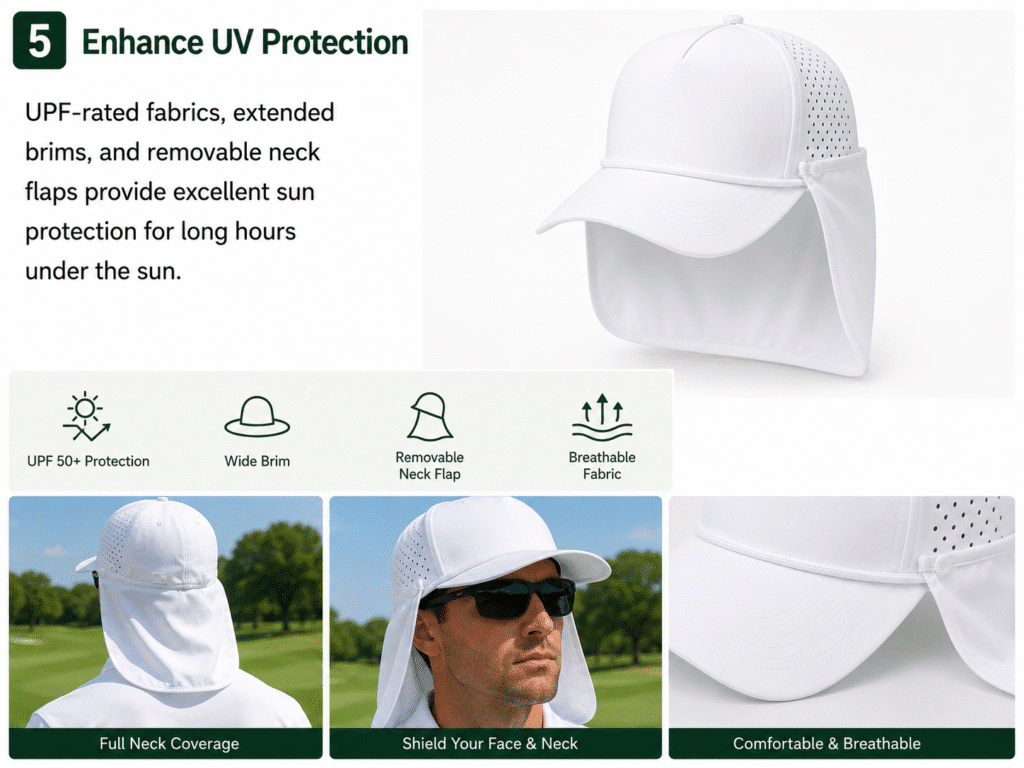 Il cappellino da golf è caratterizzato da una tesa estesa e da lembi del collo sul retro per una maggiore protezione dai raggi UV.