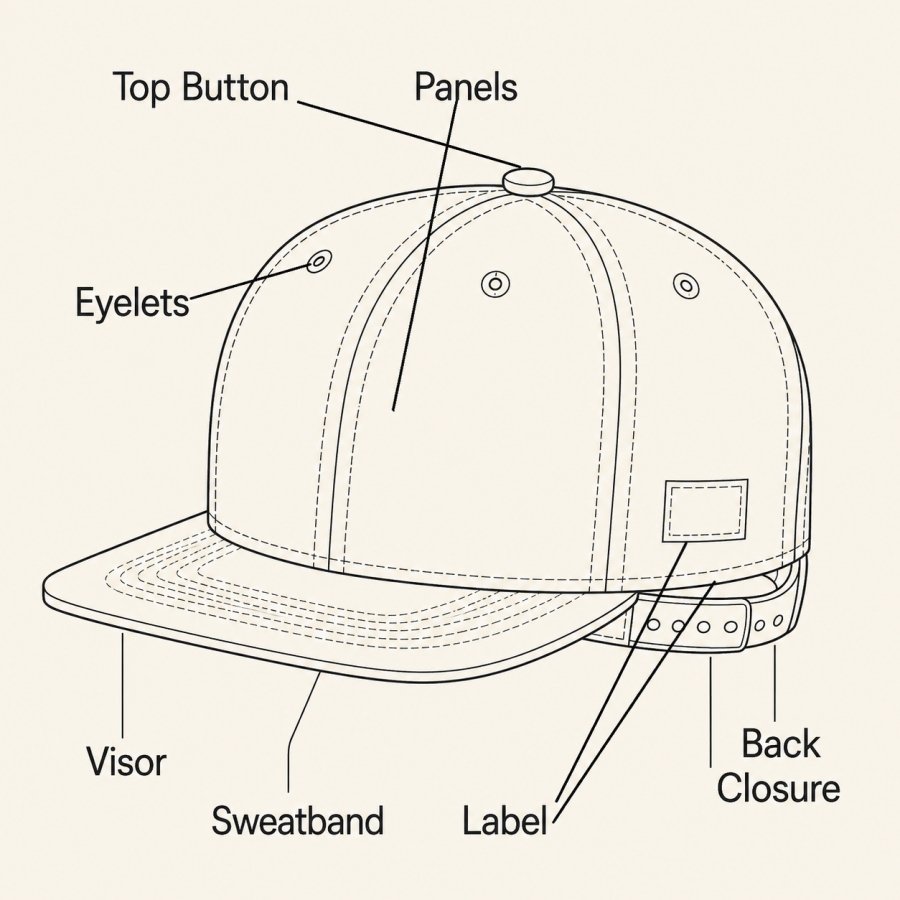 Olika detaljer på en snapback-keps