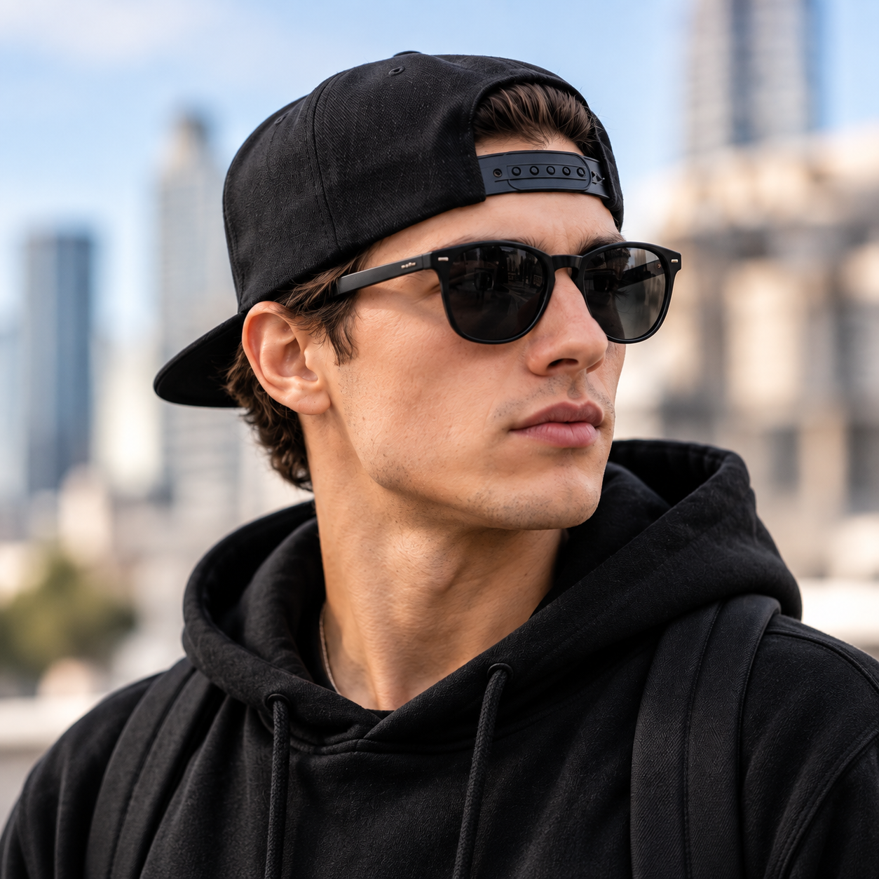 A boy wearing a snapback hat backwards