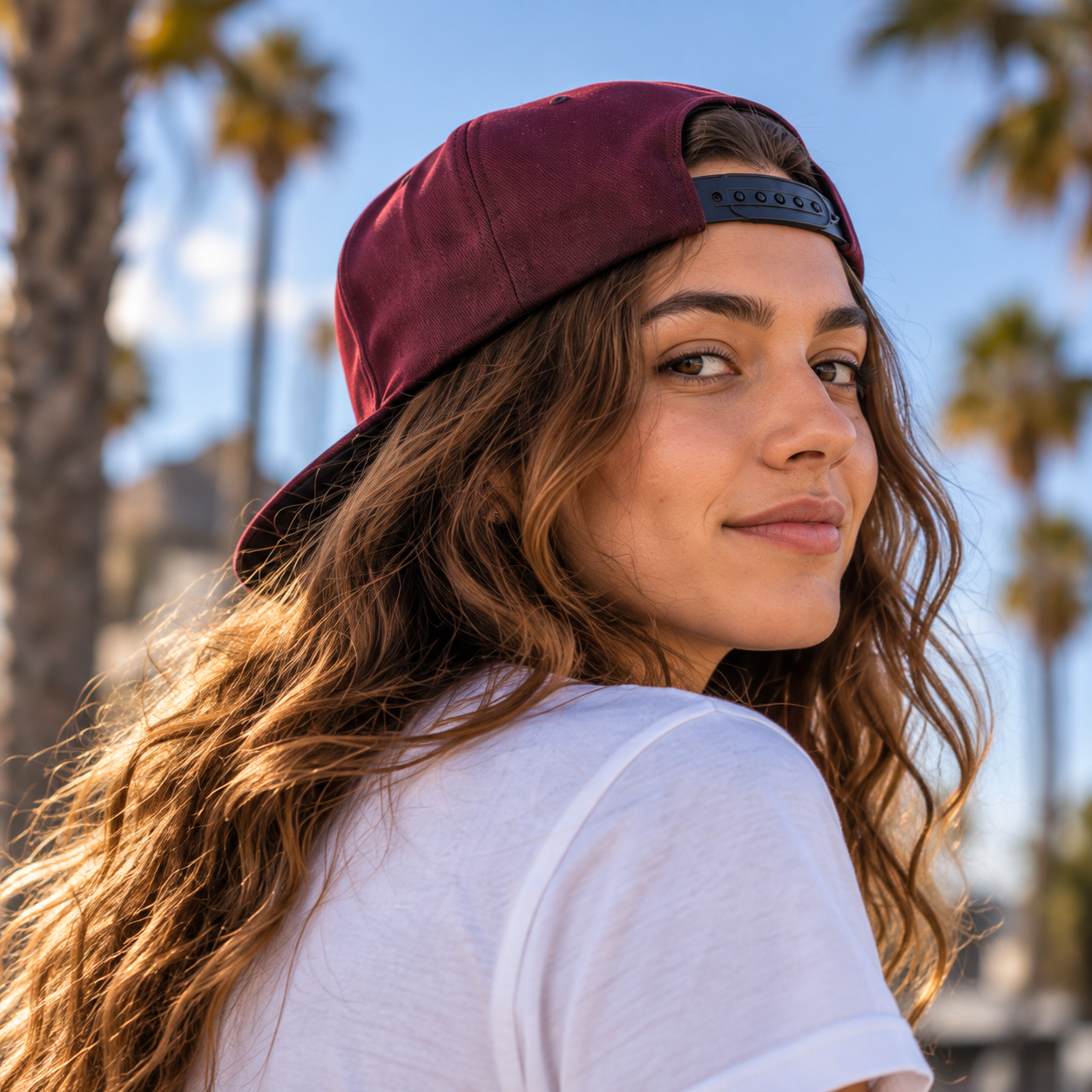 A girl wearing a snapback hat backwards