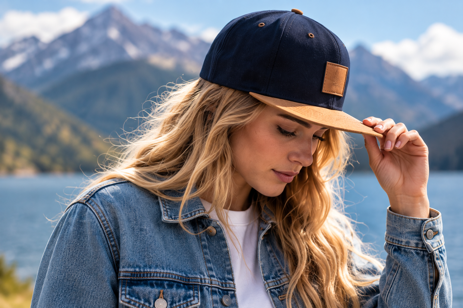 A girl with long hair wearing a snapback hat.
