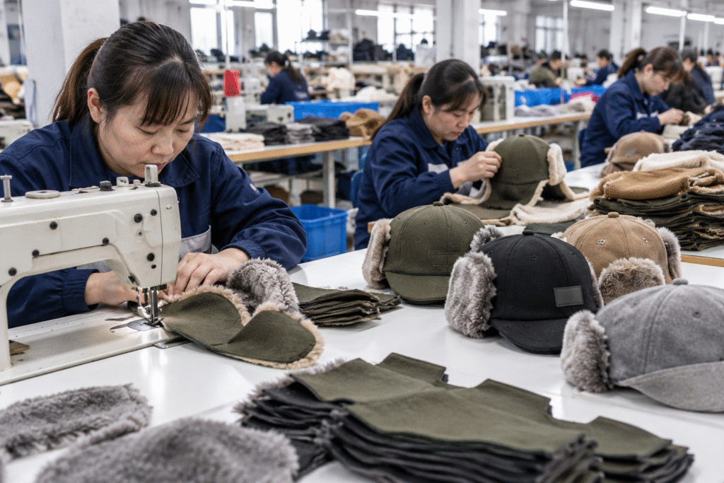 Production process for a trapper hat
